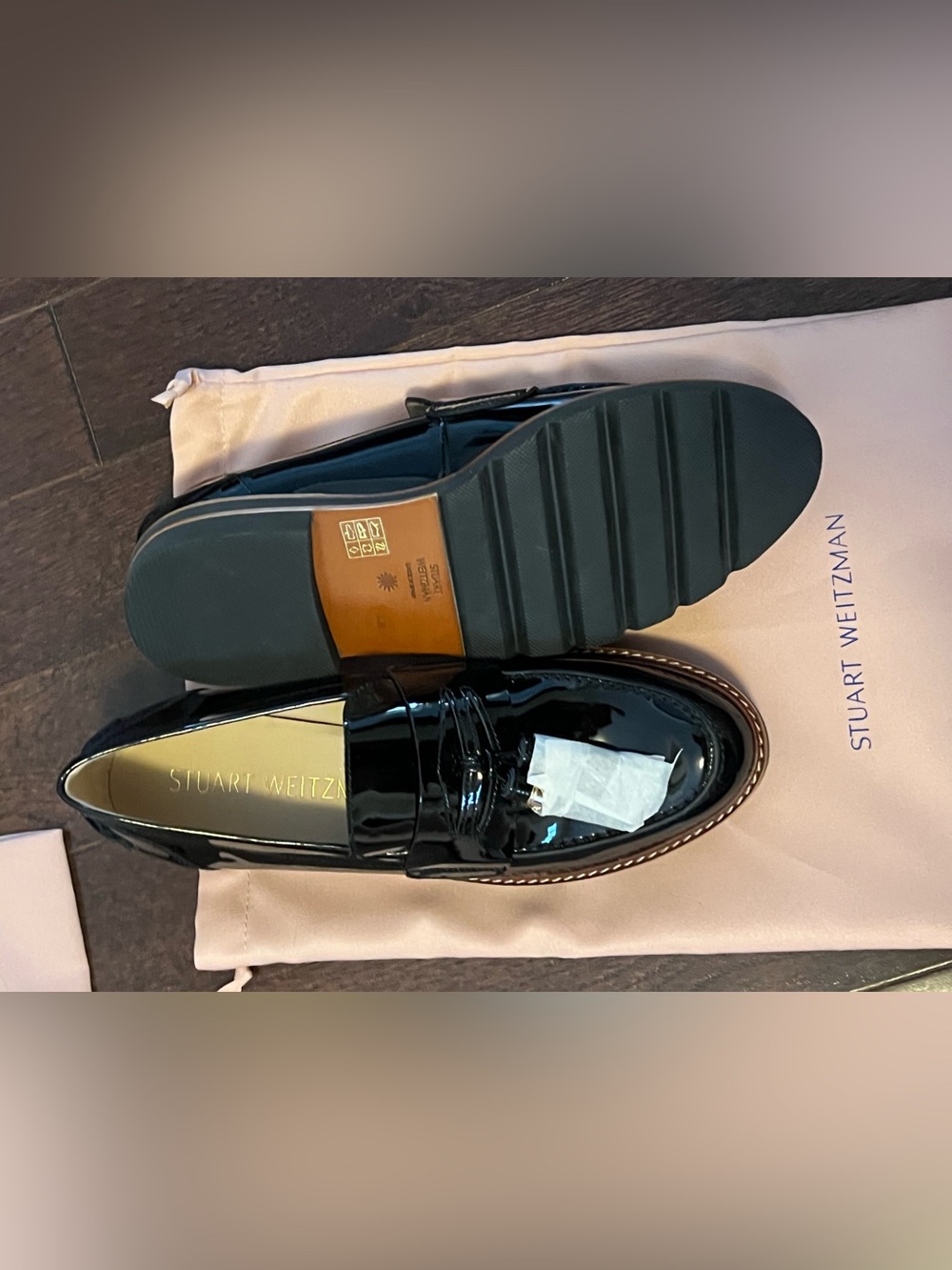 Stuart Weitzman Men’s Black Patent Leather Penny Loafers with Brown Welt